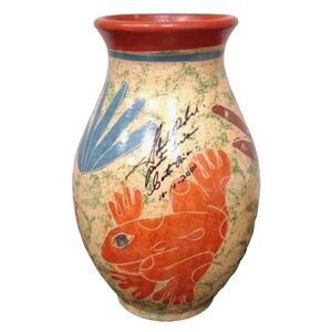 Vintage Costa Rican Hand Made & Painted Frog Motif Boho Vase Signed by Artist